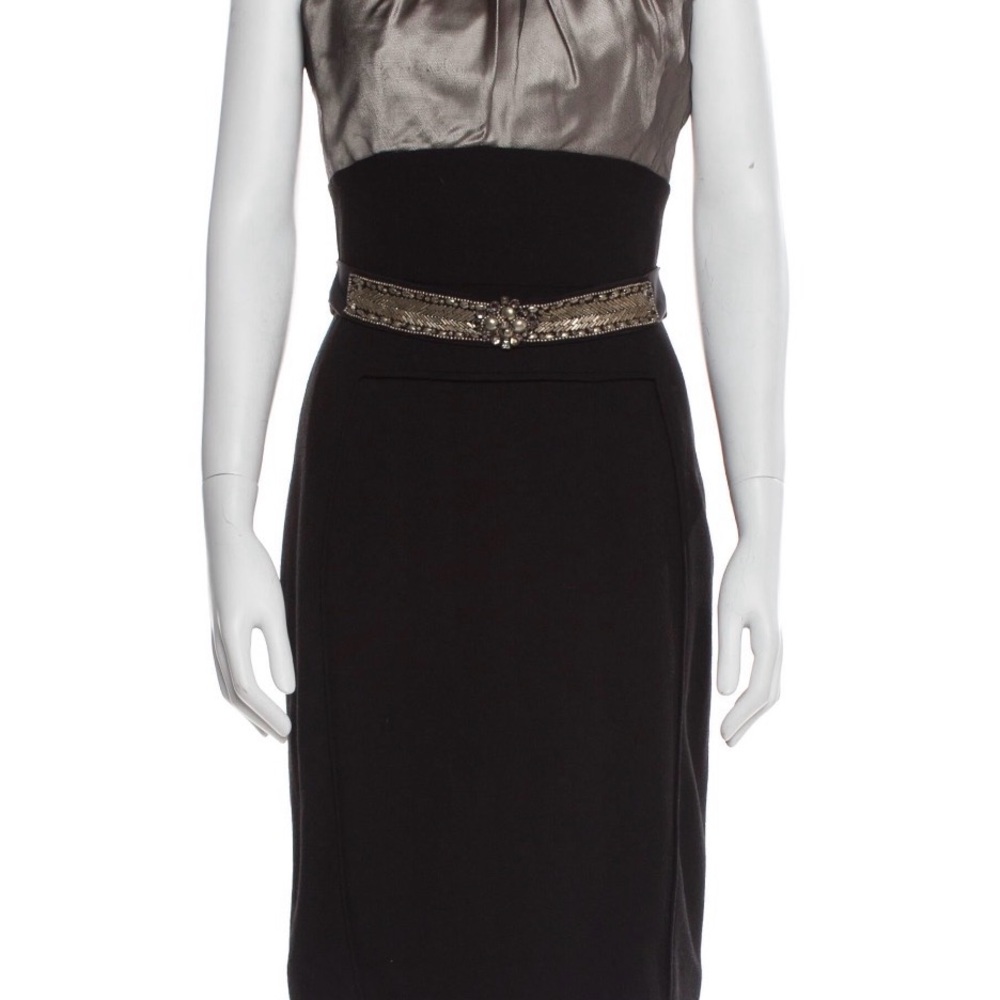 Monique Lhullier Metallic Silver and Black Cocktail Dress
